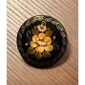 Vintage Russian Lacquer Brooch Floral Hand Painted Signed JB Yellow Flowers